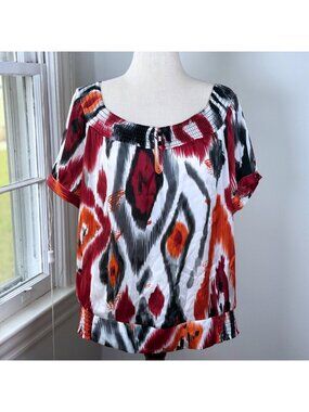 Vintage Y2K Agora Crinkle Ikat Blouse Orange Red Abstract Large Oversized Office